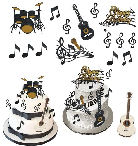 Happy Birthday Cake Toppers Set,Rock Star Cupcake Topper Musical Theme Cupcake Toppers,Music Notes Cupcake Toppers Electric Guitar Cake Toppers,Cupcake Decoration for Birthday Party Supplies