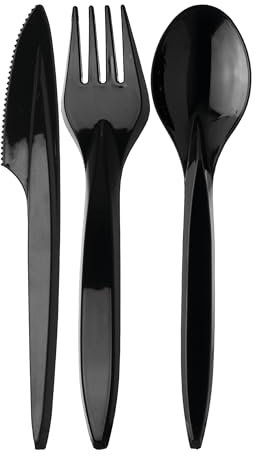 daybays Plastikbesteck Set 200x Plastikgabel 200x Plastikmesser 200x Plastiklöffel Mehrweg Geschirrset Partybesteck Plastikgeschirr Mehrwegbesteck Spülmaschinenbeständig (200, Schwarz)