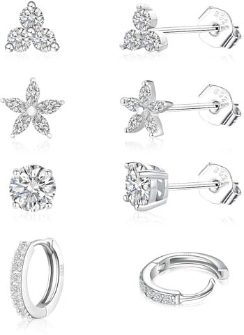 jagosen 4 Paar Ohrstecker Silber 925/Gold Damen Ohrringe Silber 925/Gold Set Hypoallergenes Ohrstecker mit Zirkonia/Creolen/Tropfen/Blume
