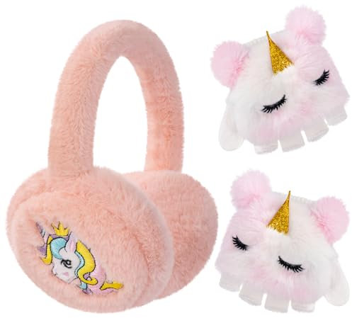 BTHRORO Cache-oreilles Filles avec Gants Hiver, Licorne Réglables Cache Oreille Chaud, Peluche Gants à Rabat pour Fille Garçon Activités Plein Air Accessoire