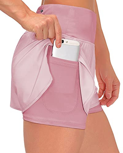 Shorts Damen Sommer Kurze Hosen Damen 2 in 1 Laufshorts Sport Running Shorts Fitness Sporthose Yoga Tennis Jogging Beiläufige Elastisch Schnelltrocknende (A Rosa1, M)
