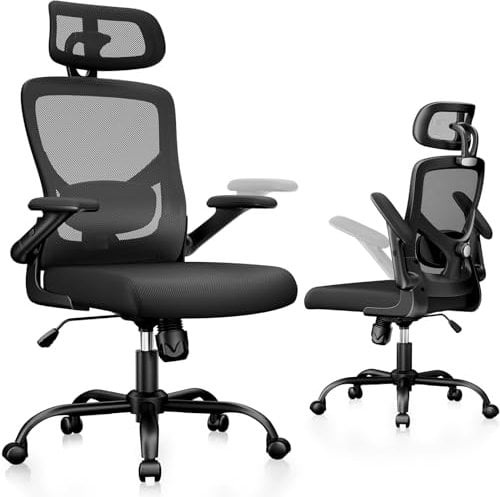 Marsail Ergonomic Mesh Office Chair High Back Desk Chair Adjustable Lumbar Support with Headrest Flip-Up Liftable Arms Swivel Computer Task Chair, Black