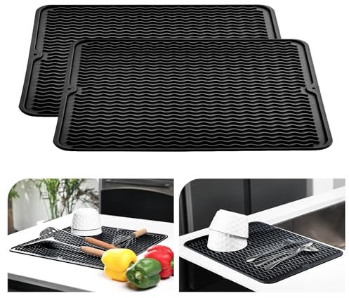 KitchenRaku 40x45cm Dish Drying Mat, Silicone Draining Board Mat, Heat Resistant Dish Draining Mat for Kitchen,Non-Slip Silicone Trivet,Table Mat,Pot Holder,Placemat,Spoon Rest, Coaster (Black, 2PCS)