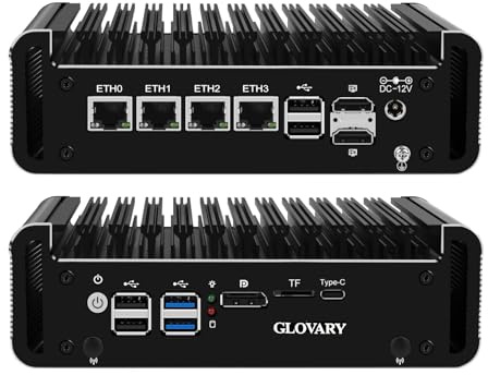 Glovary Mini Firewall PC N100 4 Core, 4 x i226V 2.5GbE LAN OPNsense Hardware, DDR5 16GB RAM 128GB SSD, Fanless Micro Computer Router Appliance, AES-NI, 2HD, DP, USB-C, 2 x NVMe, 2 x SATA3.0