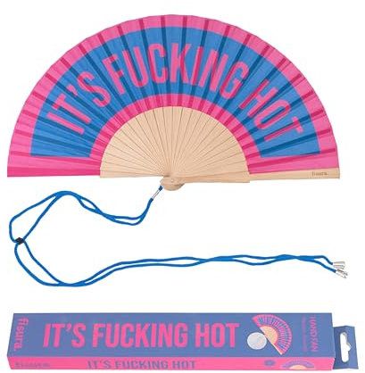 Fisura – Abanico original con mensaje “f*cking hot”. Abanico de madera moderno y colorido. Ventilador de mano azul y rosa. Colgador incluido. Medidas: 42,5 x 23 cm