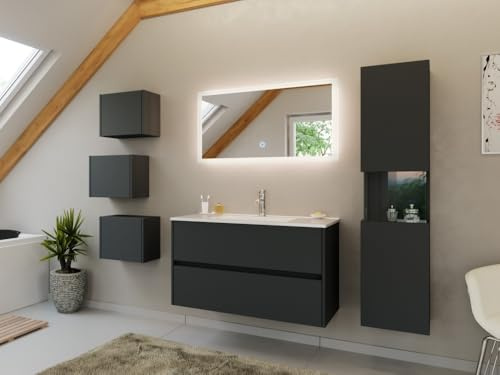 Magnolia Home Badmöbel Set Taifun 4tlg. 100 cm mit LED Spiegel, 3er Boxen & Hochschrank Farbe Grafit