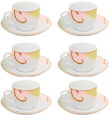 Villa Altachiara Set 6 Tazze da Caffè in Porcellana con Piattini, 80 ml, Decorazioni Eleganti, Ideale per Occasioni Speciali e Uso Quotidiano, Linea Acquerello