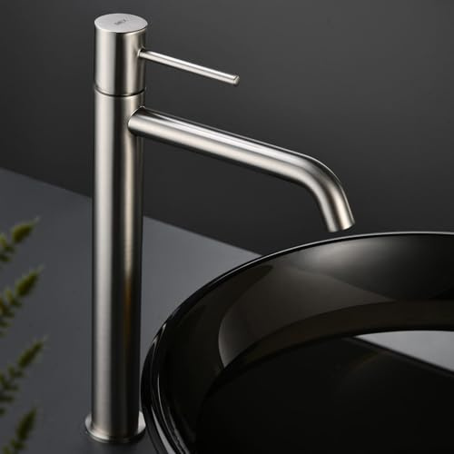 IMEX - Grifo Lavabo Negro Caño Alto | Grifo para Lavabo de Baño con Agua Fría y Caliente | Grifería Monomando Efeto Cascada con Caño de Latón | Ahorro de Agua | Serie Monza | Color Níquel