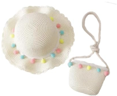 FLOORH Kids Girls Straw Hat & Bag Set, Cute Pom-pom Decor Sun Protection Beach Hat with Mini Crossbody Purse, 2-Piece Summer Accessory for Children (Ages 3-8 Years) Brown