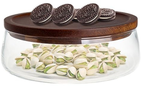 Glass Serving Bowl, Clear Glass Salad Bowl with Wooden Lid Farmhouse Style Round Food Storage Platter for Home Kitchen Party Candy Nut Fruit, L Serving Bowls