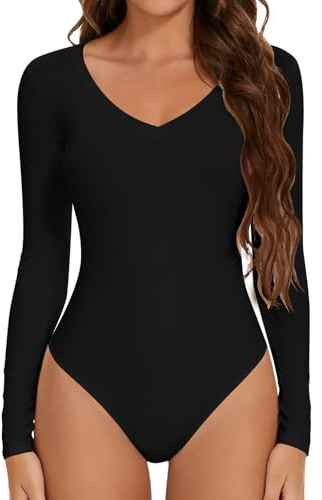 Joyshaper Women Long Sleeve Bodysuit Ribbed V Neck Body Suit Leotard Tops | Ladies Blouse Top Stretchy Leotard Slim Fit T-shirt Undershirt