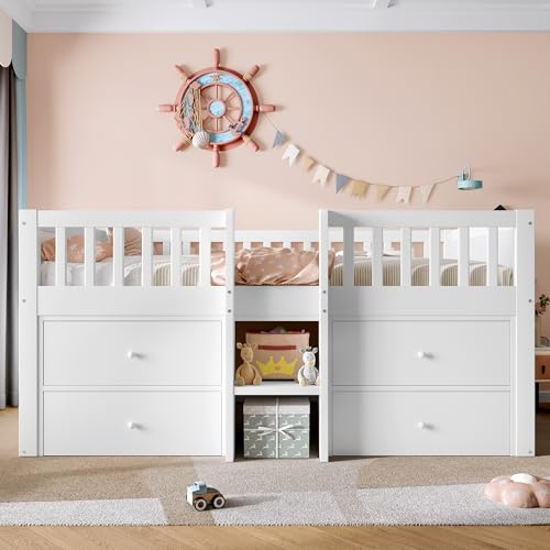 Low Loft Bed with Storage, Solid Wood Bed Frame with 4 Large Drawers, 3ft Single Wooden Storage Beds with Ladder & Guardrail, Bedroom Furniture For Kids Children Teens, White, No Mattress, 190x90 cm