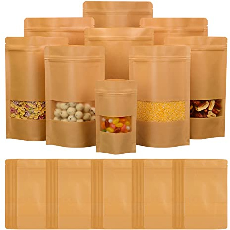 Bolsa Kraft con Ventana, Bolsa de Papel Kraft, Bolsas Ziplock Reutilizables, Aplicables para Nueces, Dulces, Hojas de Té, Especias etc. Marrón 23x35cm 50Piezas