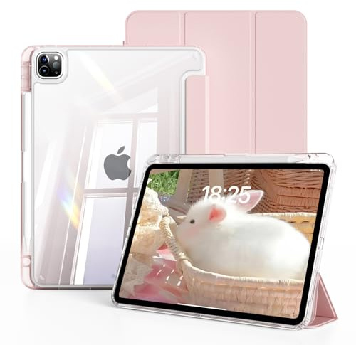 ZOYU Case for iPad Air 13 M4/M3/M2,Pro 12.9(6th/5th Gen), Light Pink | Transparent Hard Back Cover with Pencil Holder, Shockproof Soft TPU Frame, Support Touch ID, Auto Wake/Sleep