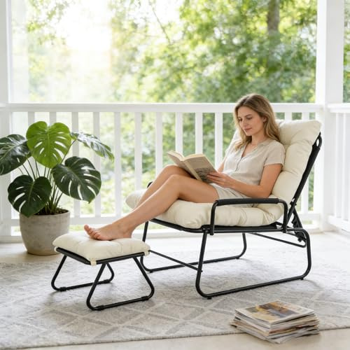 YUODIJIO Liegestühle Outdoor, Fünffach Verstellbare Rückenlehne, Relaxsessel mit Hocker bis 150 kg, Liegesessel Garten mit Abnehmbarem Kissen, für Balkon, Garten, Wohnzimmer (Beige)