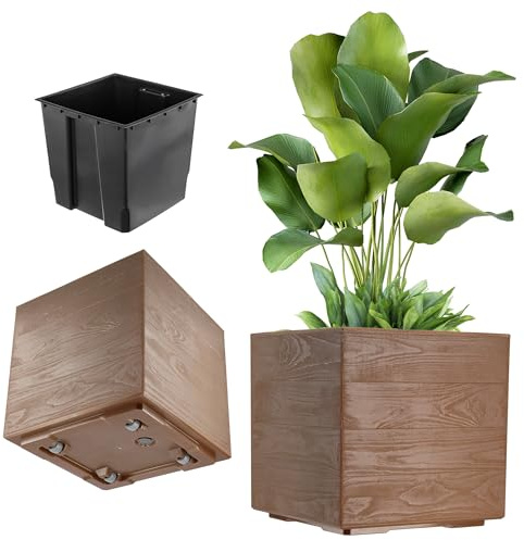 KADAX Fioriera su rotelle, 39 x 40 cm, grande fioriera in plastica effetto legno, vaso quadrato con inserto per interni ed esterni (marrone scuro)