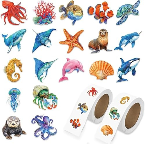 1000 Stück Runde Tier Aufkleber Ozean, Sticker Rolle Meerestieres, Selbstklebende Sticker Meerestiere Belohnungsaufkleber, Wasserdicht Aufkleber Meerestiere Stickers für Laptop Scrapbooking Fotoalbum