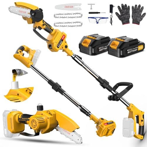 Lmozim 2 EN 1 Tronçonneuse à Batterie Télescopique & Elagueuse sur Perche sans Fil Mini Tronconneuse avec 2 Batteries Coupe Branche Electrique avec Système de Lubrification Tête Pivotante pour Jardin