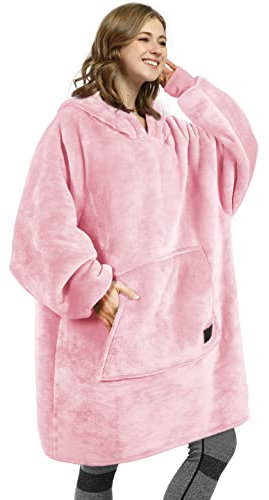 Kato Tirrinia Übergroße Hoodie Decke mit Ärmeln, Tragbare Decke zum Anziehen Damen Deckenpulli, Weiche Flanell Kuschelpulli Ärmeldecke Warme Geschenke Decke für Erwachsene Frauen Herren, Rosa
