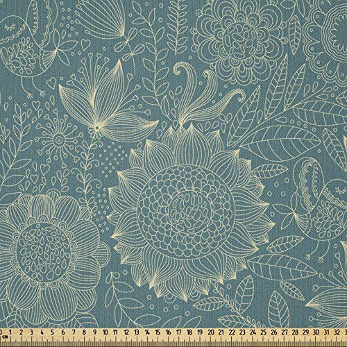 ABAKUHAUS Garten Stoff als Meterware, Nostalgische Blumenkunst, Microfaser Multi Zweck Dekostoff für Kunsthandwerke, 3M (230x300cm), Elfenbein und Teal