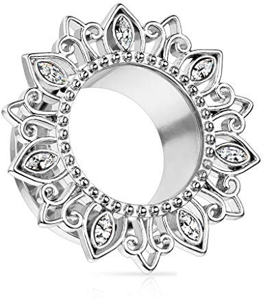 beyoutifulthings Ohr-Tunnel Blume Zirkonia Silber Clear Ohr-Piercing Edelstahl Ohr-Schmuck Screw Fit Flesh Plug Schraub-Verschluss 12mm