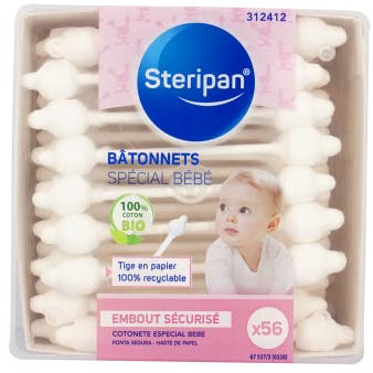 Steripan Baby-Q-Tips, 56 Stäbchen, Weiß, Baumwolle, Einfarbig, Sechseckig, 11 cm, Für Babys, Ohren & Nase, Lagern geschützt vor Licht & Feuchtigkeit