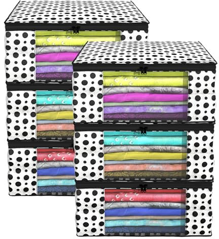 KuberIndustries Polka Dots Design 6-teiliger Saree-Bezug/Kleidungs-Organizer aus Vliesstoff für die Garderobe, extra groß, (schwarz & weiß) - CTKTC038089