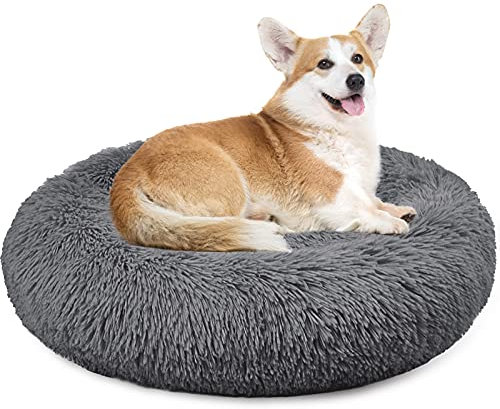 Enjamoy Plush Donut Dog Bed, Calming Round Dog Cat Bed Soft and Fluffy Cuddler Pet Cushion Self-Warming Puppy Beds Machine Washable, Dark Grey 70cm