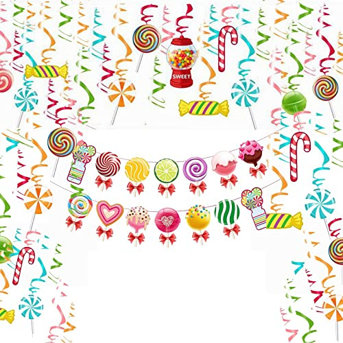 30 Swirls & 1 Banner Candy Party Decoration Kit Candy Lollipop Hanging Swirls & Banner Set CandyLand Decorations for Birthday Classroom Events Sweet Shop Party Supplies