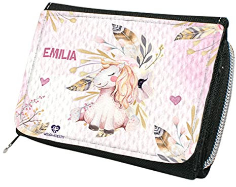 wolga-kreativ Personalisiertes Geldbeutel Kinder mit Namen - Portemonnaie für Mädchen mit Einhorn Blumen Motiv - Geldbeutel Mädchen Junge Kinder Geschenk mit Namen