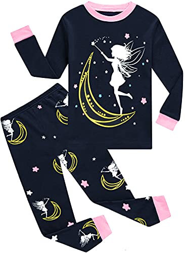 EULLA Kinder Mädchen Schlafanzüge Lang Baumwolle Winter Pyjama Set Glow in The Dark Prinzessin Zweiteilig Nachtwäsche 92 98 104 110 116 122 128 134 140 B-dunkelblau Glow in The Dark Prinzessin DE 122
