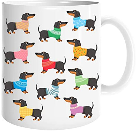 JMS we create smile - Cute Dachshund Mug - White Ceramic Mug - Printed Sausage Dog Theme Personalised Coffee Mug