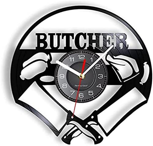 Black Vinyl Wall Clock 12Inch Chef Butcher Crossed Knives Vinyl Record Wall Clock Kitchen Dinning Room Decor Butcher Shop Grilling Bbq Party Decorative Watch