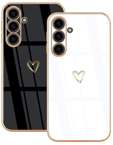Lonrapa 2 Stück Samsung Galaxy A54 5G Handyhülle Gold Herz Muster Motiv Hülle für Mädchen Frauen Galvanisierte Weich TPU Silikon Stoßfest Bumper Schutzhülle Case Cover - Schwarz & Weiß