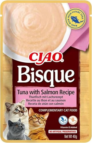 INABA Ciao Bisque, Katzenfutter Nass mit Thunfisch und Lachs, 40g | Cremige Paste und Leckere Katzensuppe mit Hochwertigen Zutaten, Ohne Getreide und Zucker, Kalorienarm, Keine Nebenerzeugnisse