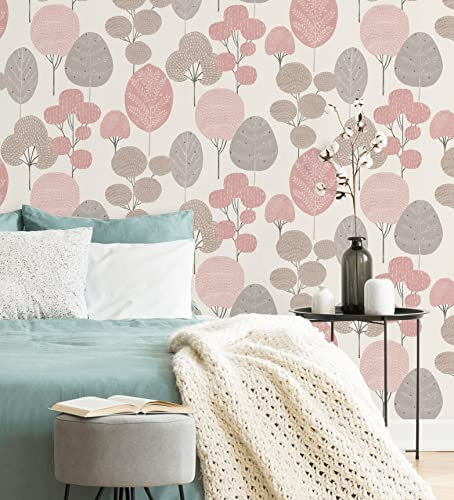 GAULAN 680916 - Carta da parati lavabile di alberi selvatici grigi e rosa in bosco nordico per pareti soggiorno camera da letto sala da pranzo testada - Rotolo di 10 m x 0,53 m
