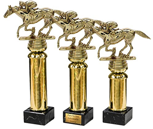 eberin · REIT Pokal mit Gravur/Wunschtext · Pferderennen Cup · Jockey mit Rennpferd auf Goldsäule/Marmor · Reitsport Pokal in 3 Größen erhältlich · (24,8 cm)