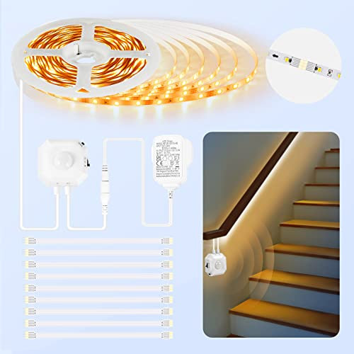Motion Sensor LED Light Strip,4M Self-adhesive Warm White 2700K LED Strip Lights with Constant On,Motion Activated,Night Sensing 3 Modes,12V Dimmable PIR Night Light for Bed,Closet,Stairs-8X50CM