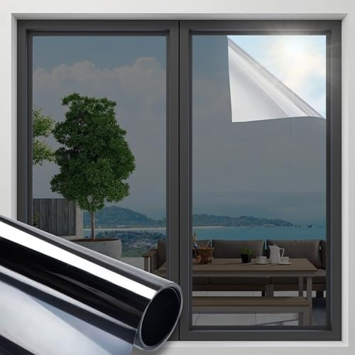 OFHome Window Film Privacy One Way Clear Reflective Mirror Self-Adhesive Tint for Home and Office UV Sun Blocking Anti Glare Thermal Control Blackout Glass Tinting, Black Silver, 30x200cm