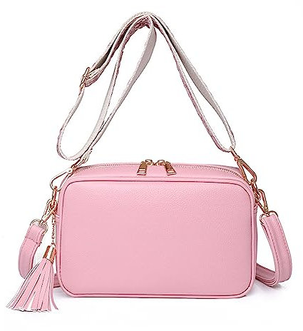 FANDARE Borse a spalla da Donna Quadrato Borse a Tracolla PU Pelle Borsa Mano con due tracolla Decorazione Nappa Elegante Borsa a Spalla Pochette Borsello Viaggio Borse Messenger Rosa
