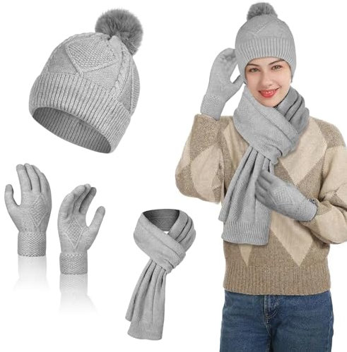 flintronic Winter Warm Strickmütze Hut Schal Touchscreen Handschuhe Set, Beanie Mütze Schal Handschuhe Set, Fleece Innenfutter Knitted Hat, Warme Touchscreen Gloves & Weiche Lange Scarf für Damen