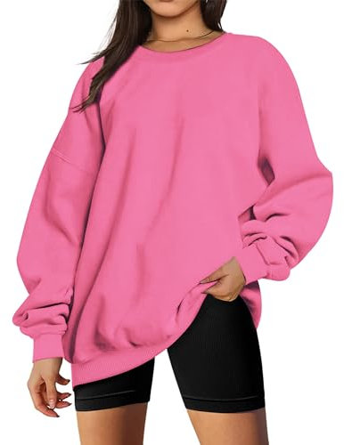 Timuspo Pullover Damen Oversize Langarm Fleece Rundhalsausschnitt Sweatshirt Herbst Winter Frauen Strickpullover Locker Oberteile Rosa S
