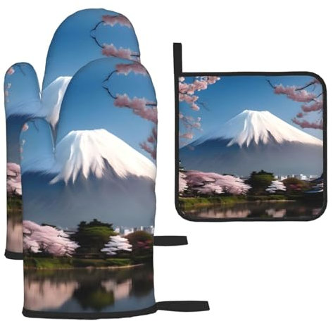 Trukd Mt. Fuji in Early Spring Ofenhandschuhe, 2 Handschuhe und 1 Topflappen, Küche, Mikrowelle, Grill, hitzebeständig