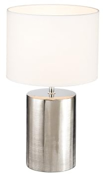Tischlampe mit Keramikfuß Silber Antik & Stoffschirm Leinen Weiß, 43cm groß