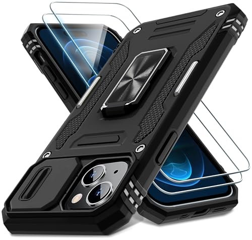 DEERLAMN Case for iPhone 15 with Slide Camera Cover + Screen Protector (2 Packs), Rotated Ring Kickstand Military Grade Shockproof Protective Cover-Black
