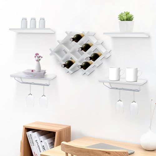 lalaleny Botellero para colgar en la pared, para botellas de vino, de madera, con soporte para copas de vino, estante flotante, para botellas, para comedor, cafetería, bar (blanco)