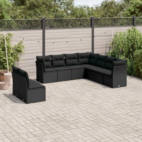 ULUYYUC 9-TLG. Garten-Sofagarnitur, Gartenstühle Gartenmöbel Set Küchensofa Eckbankgruppe Geeignet für Balkon Garten Hinterhof Außenbereich mit Kissen Schwarz Poly Rattan