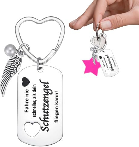 Schutzengel Auto Schlüsselanhänger - Herz Edelstahl Glücksbringer, Drive Safe, Fahr Vorsichtig - Führerschein Bestanden Geschenk für Familie