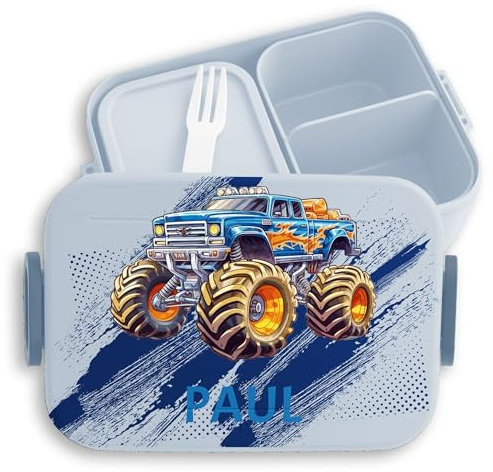 Kinder Bento Box Midi für Mepal Bentobox - Auto - Lunchbox Monstertruck mit Name Brotbox Monster Truck | Jungen Geschenk Einschulung Trucks - 900 ml - Hellblau - brotdose schule junge geschenke