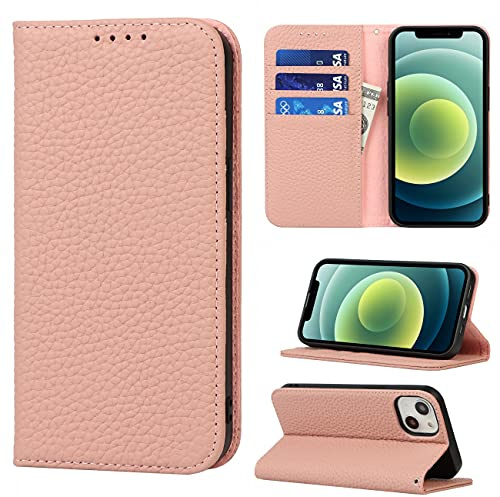 Cavor Phone Case compatible with iPhone 13,Flip Genuine Leather Wallet Case,[4 Card Holders][Magnetic][With Lanyard],Protective Cover Case compatible with iPhone 13 - Pink